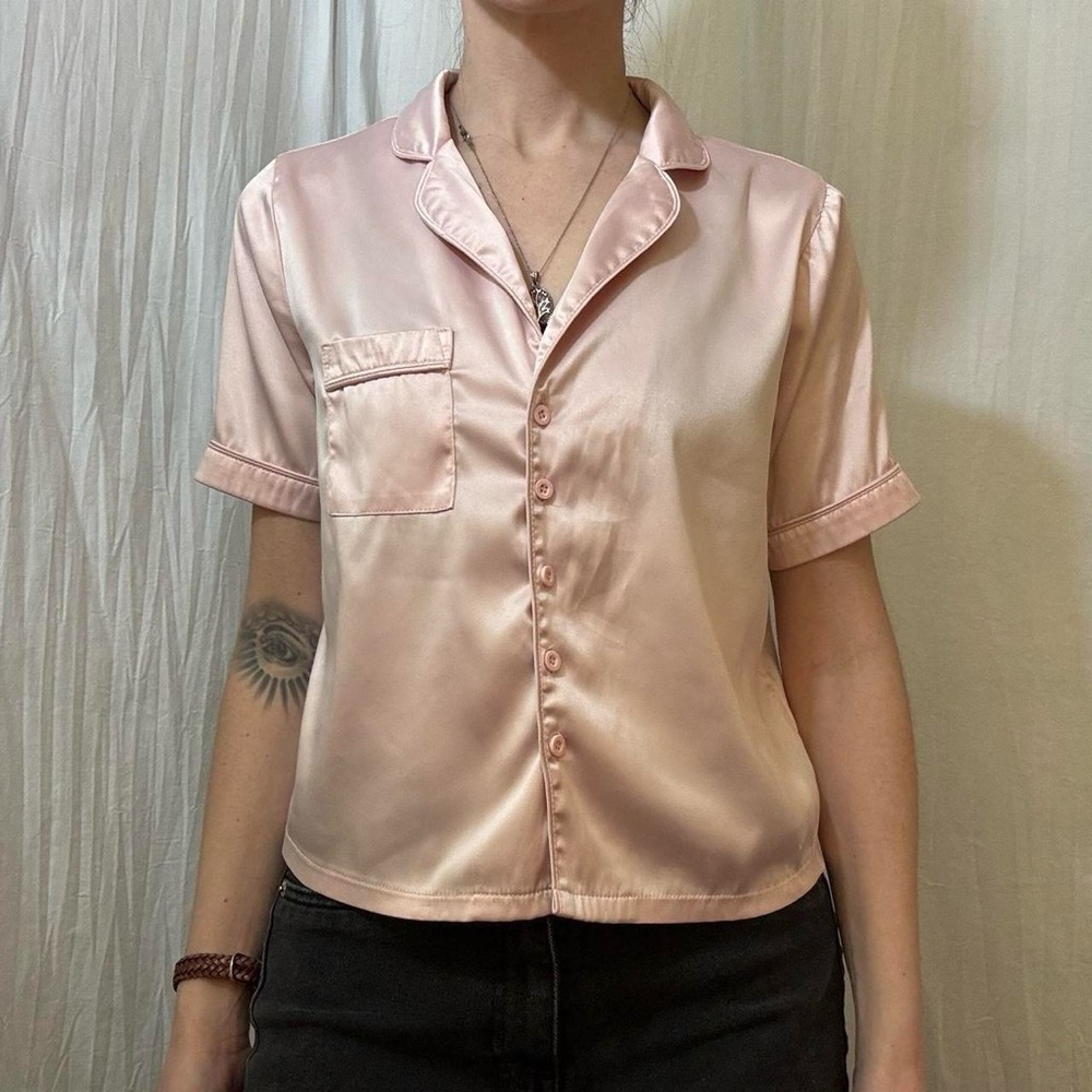Light Pink Satin Button-Down Shirt with Juicy Rhinestones on‎ Back Juicy Couture